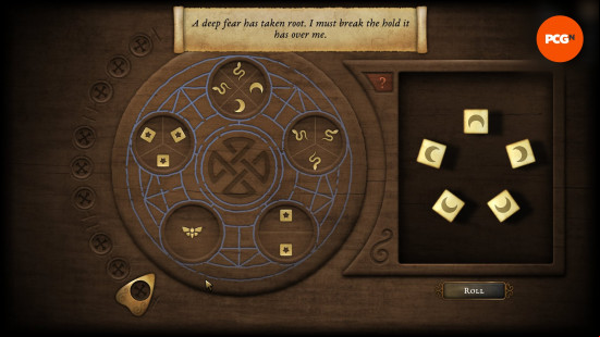 An image of various sigils on a wooden board and a dice tray with six die, all with different symbols