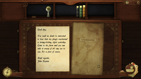 A wooden desk with a note asking someone to come and examine a recovered artifact in a field, as well as a map to the location
