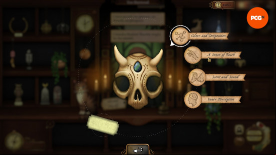 An image of a skull with a jewel in the middle of its head surrounded by options to use your senses to examine it