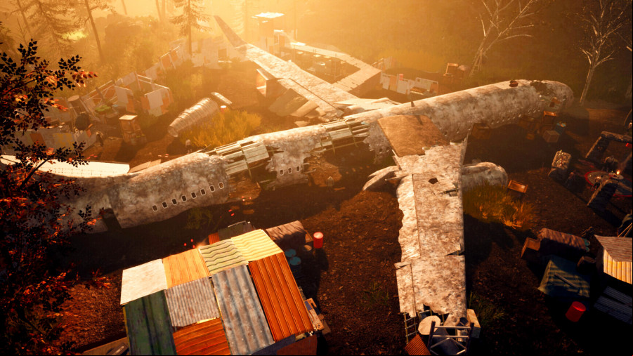 Survive the Fall - A crashed plane in a forest.