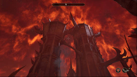 The Elder Scrolls Oblivion: Two hellish towers rise high into a red fiery sky
