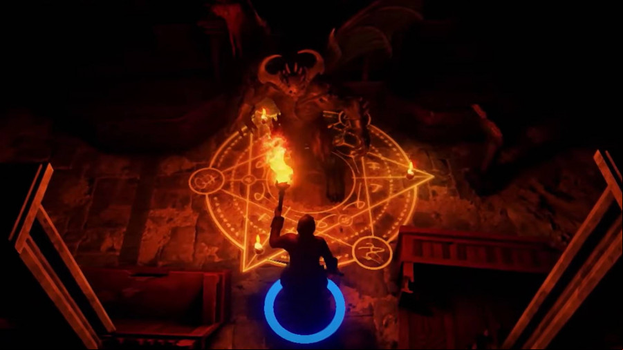 The Necromancer's Tale: A man holding a torch stands in front of a demon in a summoning circle