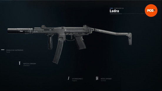 Best Warzone Ladra loadout: a sm,all fully automatic gun with all its attachments labelled.