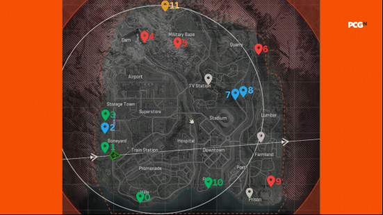 Warzone bunker codes: a map of a large area called Verdansk, with several locations marked with colored pins.