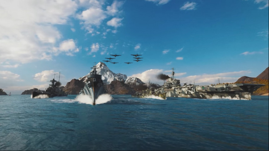 World of Warships Legends - Boats head out as planes fly overhead.
