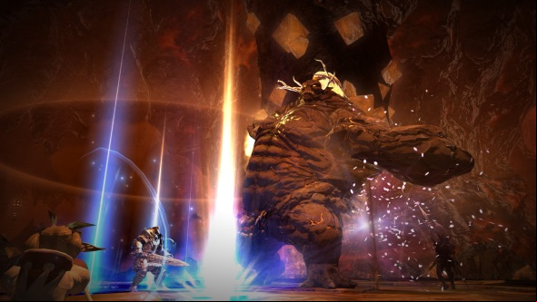 Free MMOs - Final Fantasy XIV. Image shows a battle taking place in a forest, with magic being used heavily.