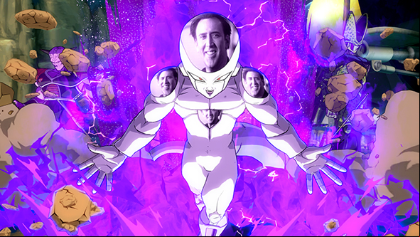 This is Dragon Ball FighterZ, except now Frieza is covered in pictures of Nicolas Cage